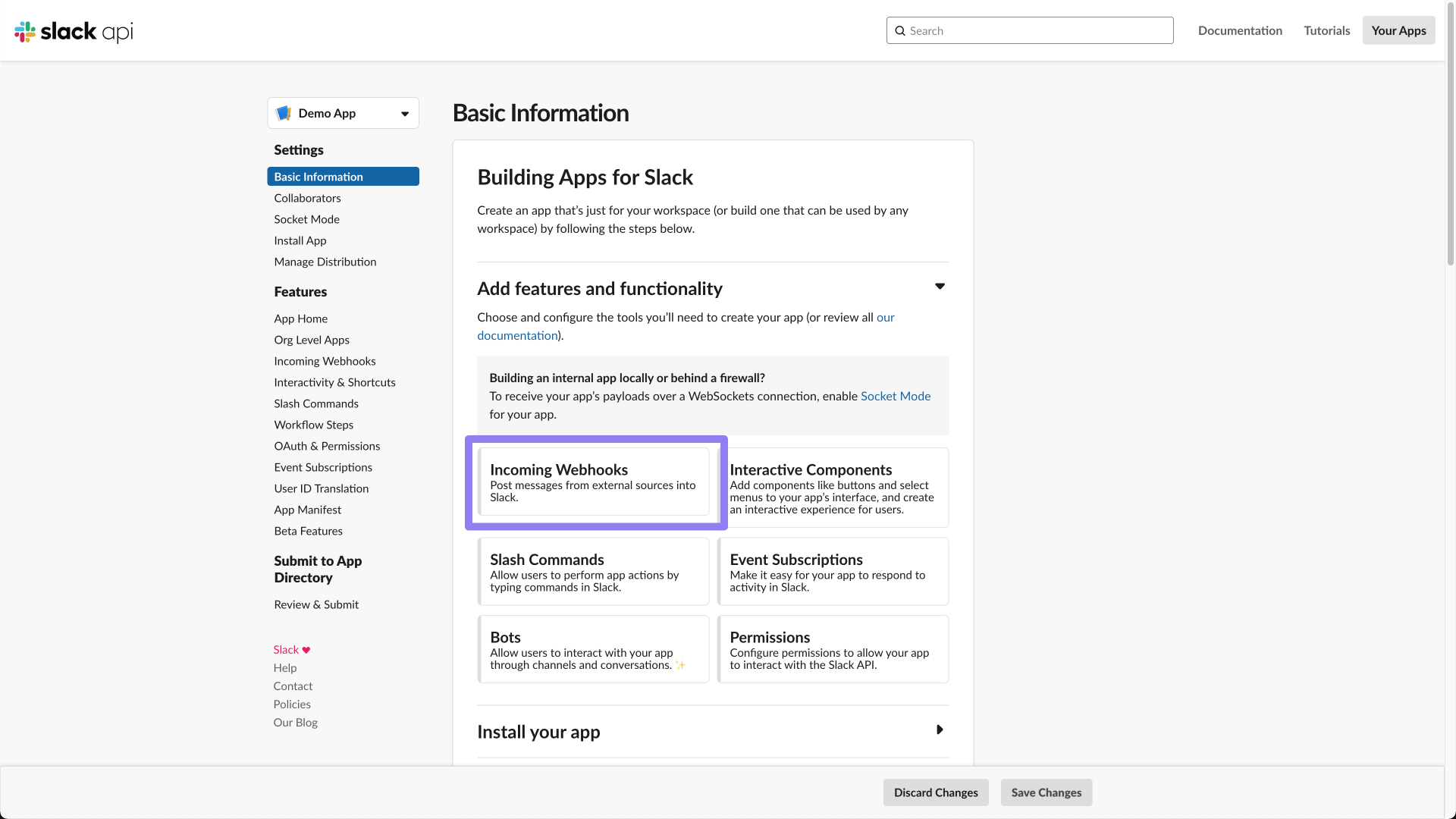Activating Incoming Webhooks in the Slack app settings.