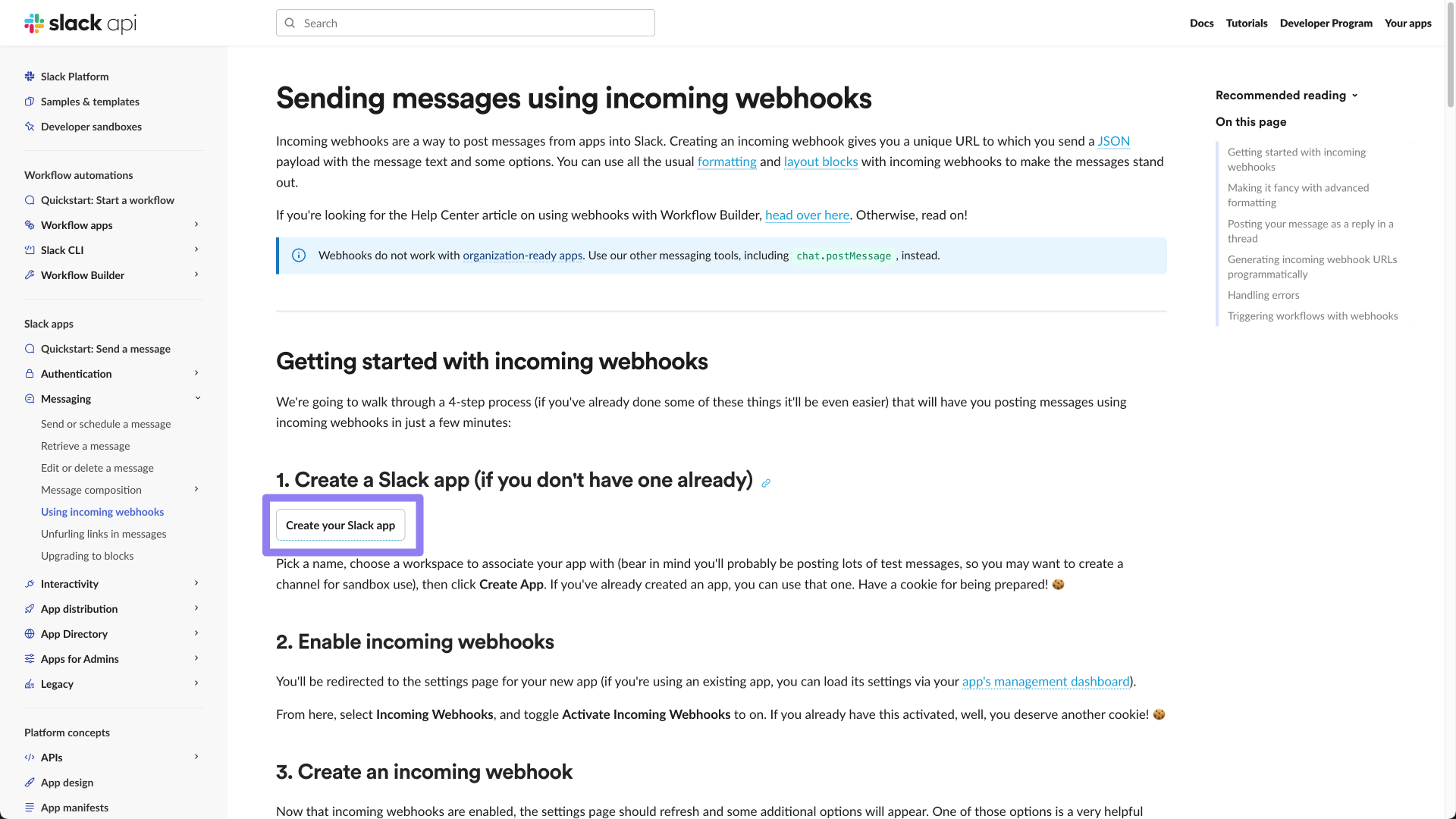 Creating a new Slack app from the Slack API website.